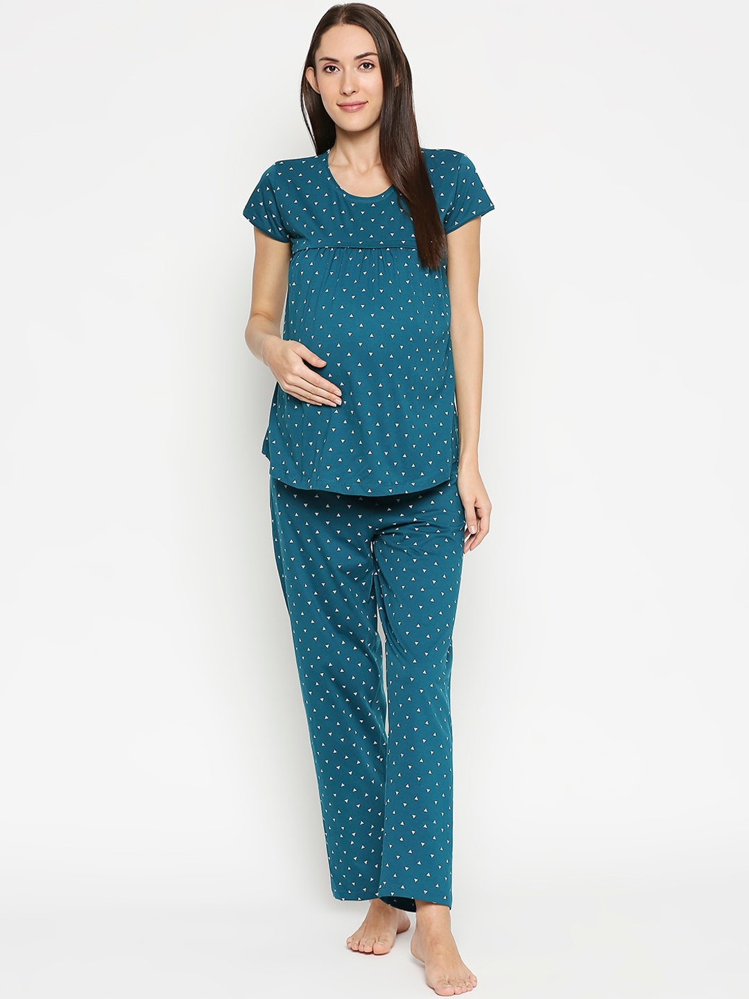 

AV2 Women Teal Blue & Yellow Printed Maternity Night Suit