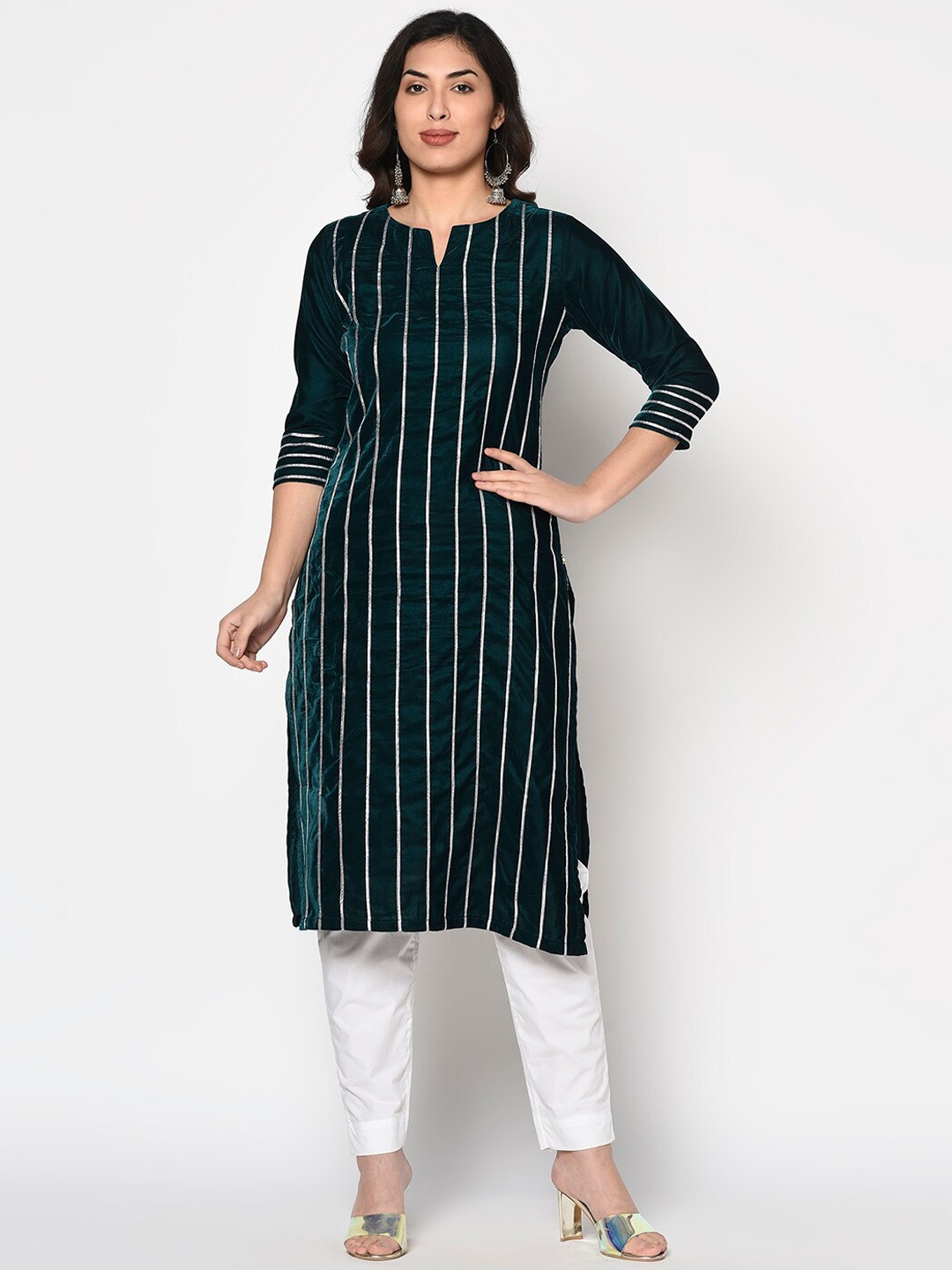 

FABNEST Women Green Striped Velvet Straight Kurta
