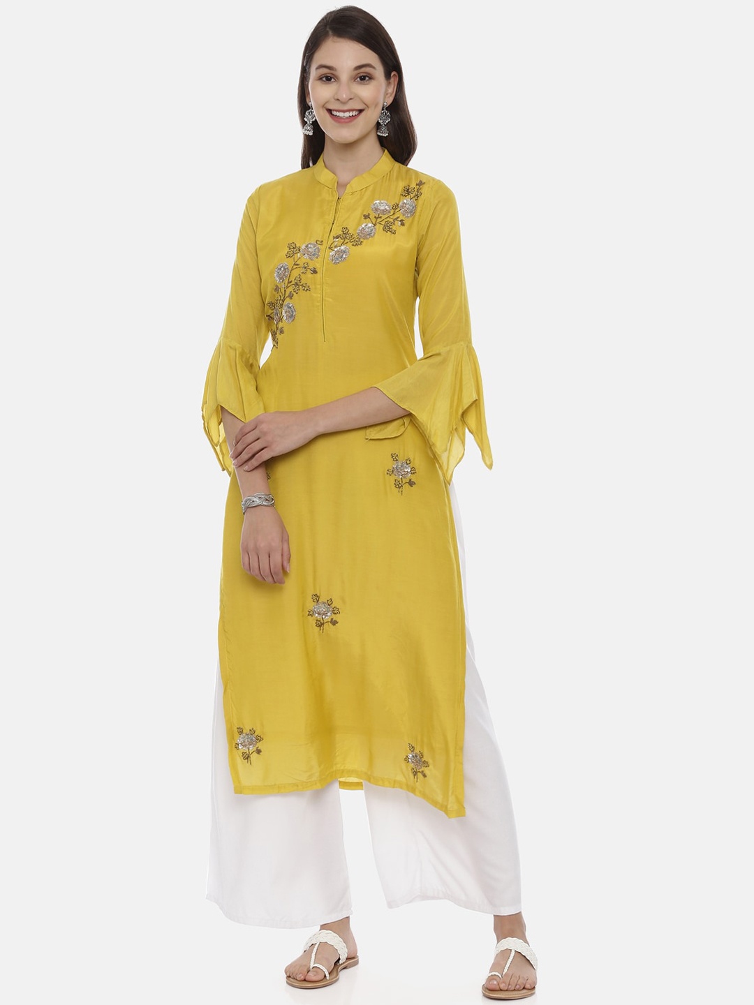 

Neerus Women Mustard Yellow Embellished Straight Kurta