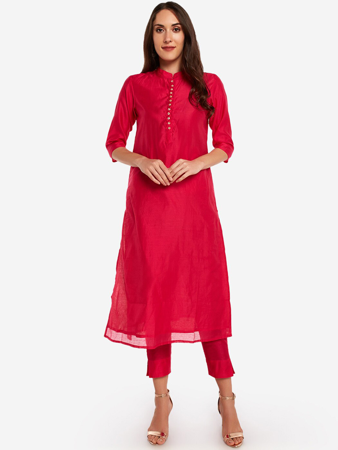 

Desi Weavess Women Pink Solid Kurta with Trousers