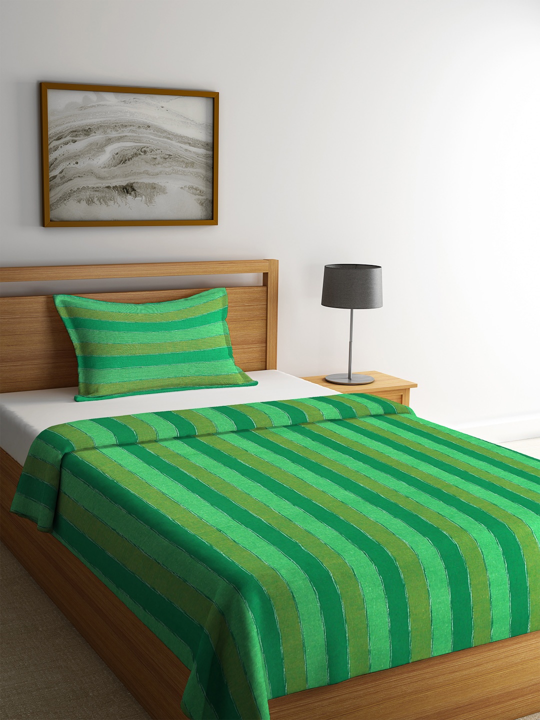 

KLOTTHE Green Striped Single Bed Cover with Pillow Cover