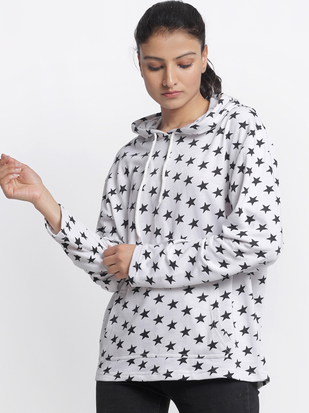 

DOOR74 Women White & Black Printed Hooded Sweatshirt