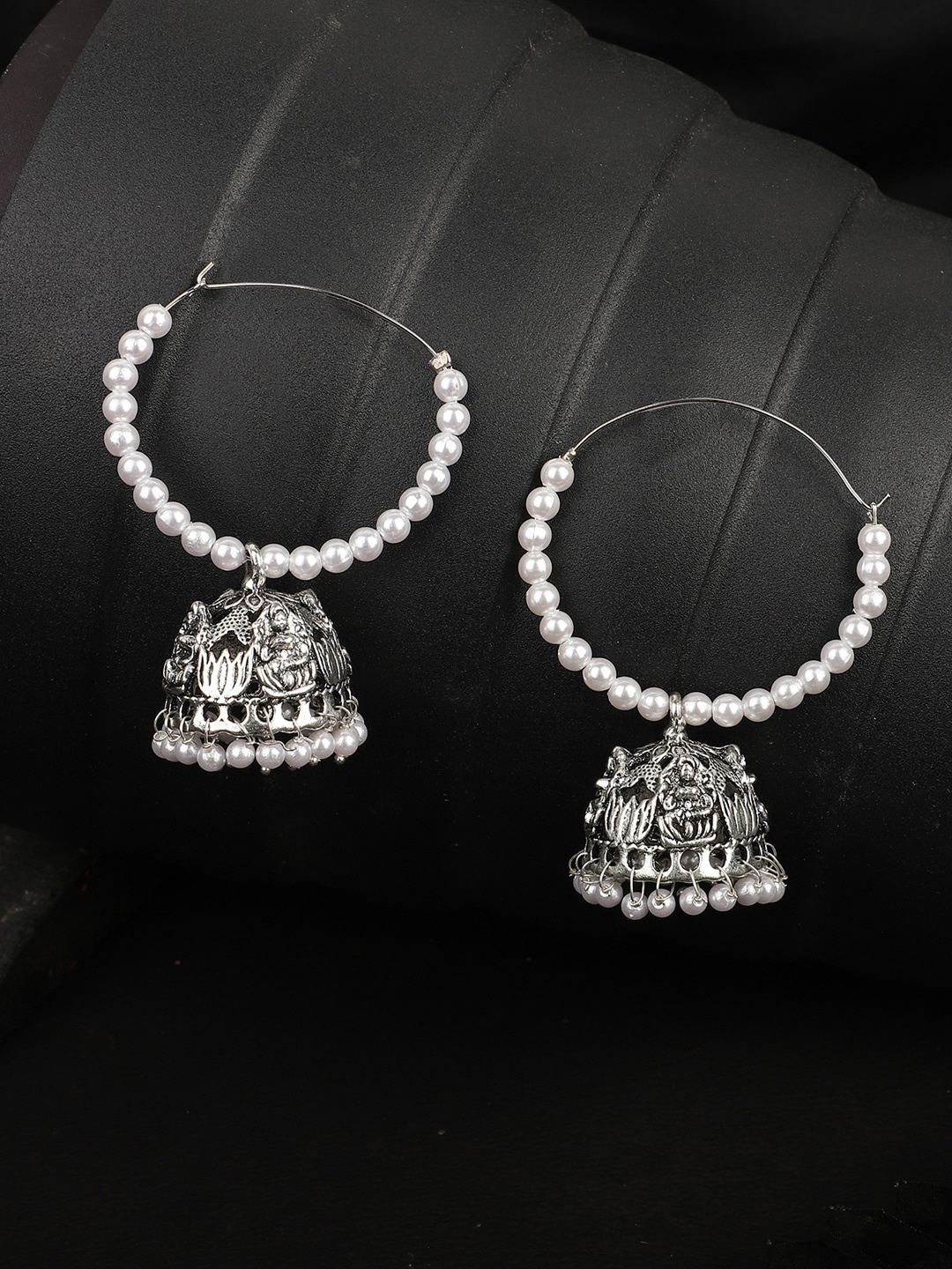 ANIKAS CREATION Silver-Toned & White Contemporary Jhumkas