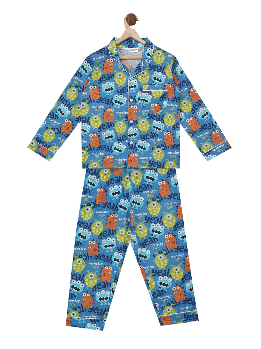 

Fluffalump Kids Blue & Green Monster Party Printed Night Suit