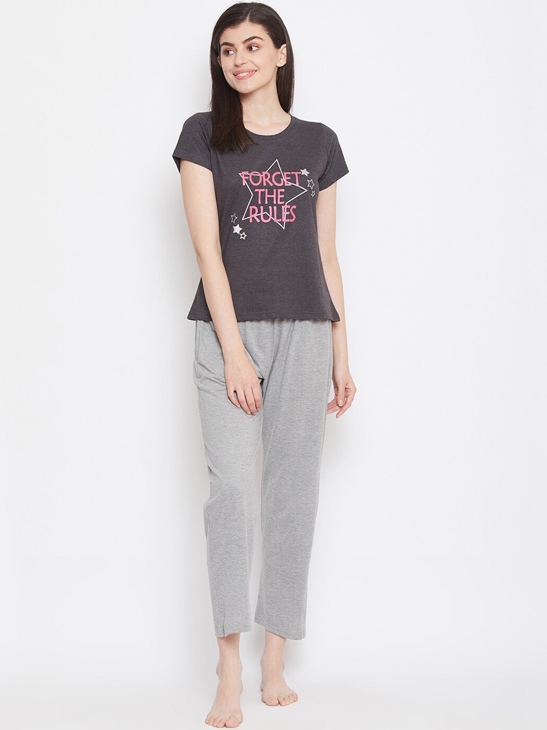 Clovia Women Grey & Pink Printed Night Suit