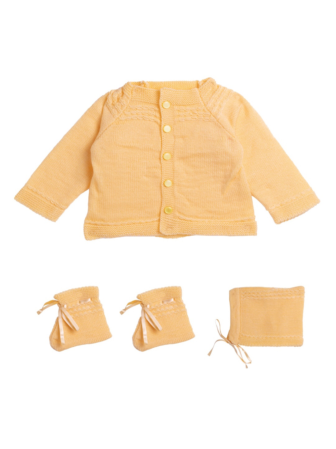 Little Angels Unisex Kids Yellow Self Design Cardigan Sweater Set