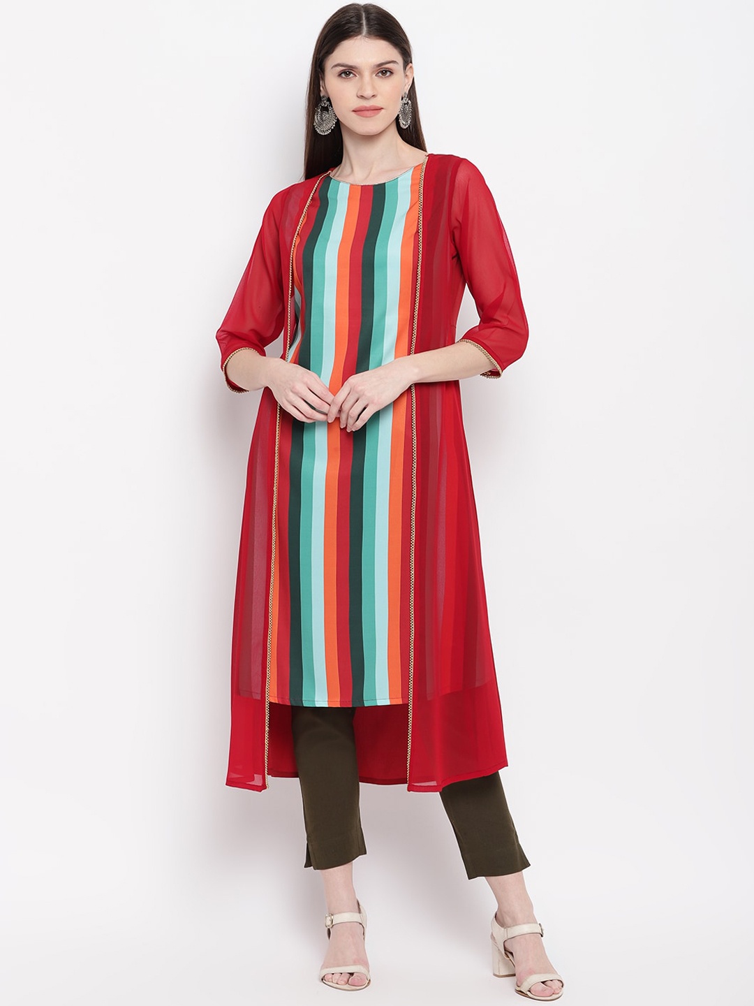 

Janasya Women Maroon & Green Yoke Design A-Line Kurta