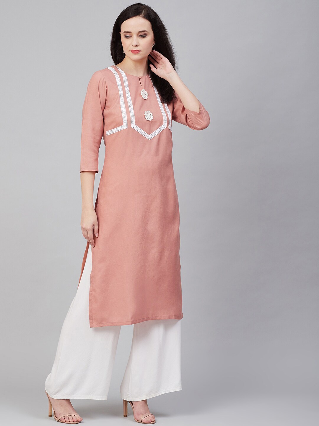 

Bhama Couture Women Peach-Coloured & White Yoke Design Kurta with Palazzos