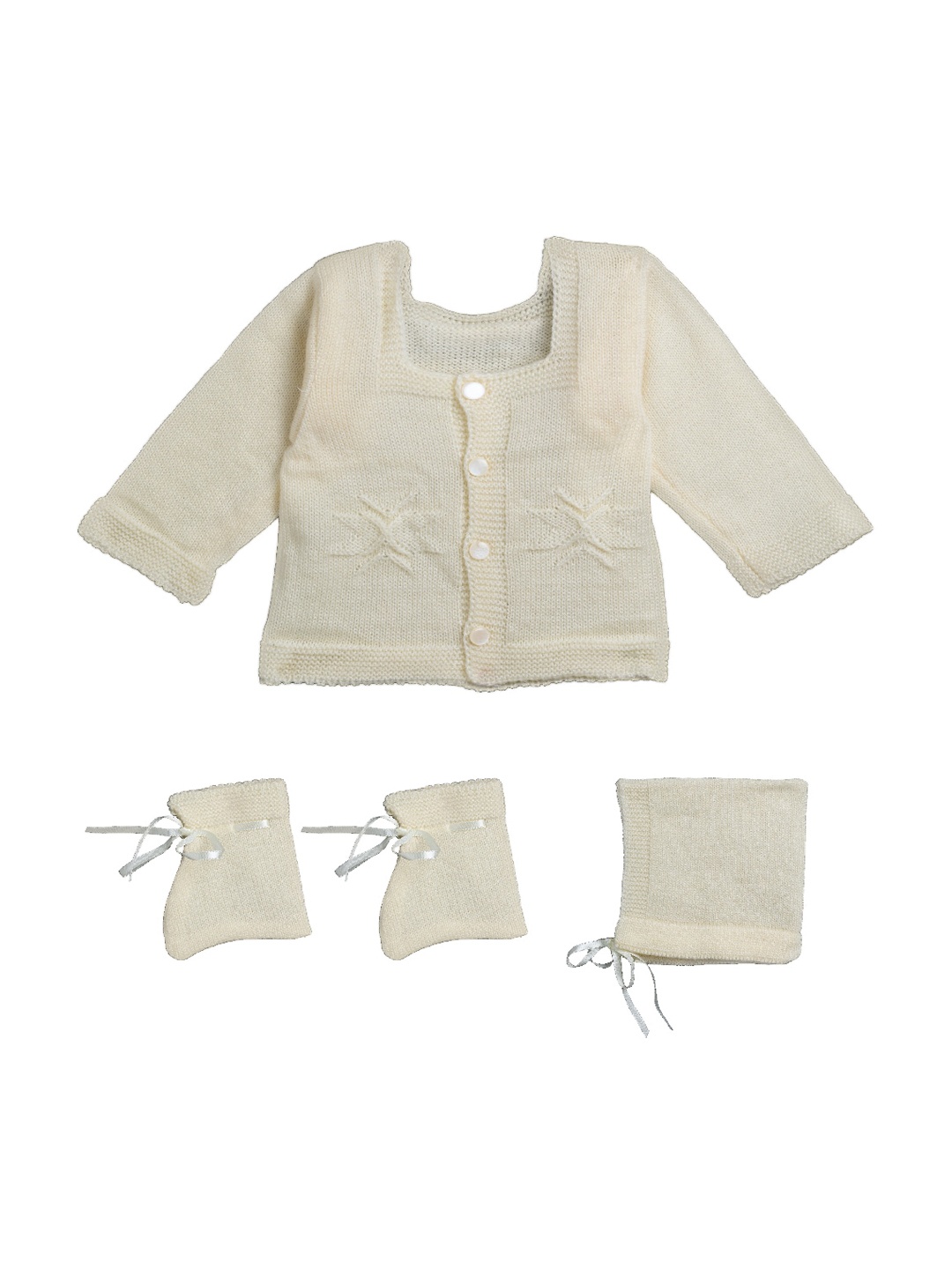 

Little Angels Unisex Kids Cream-Coloured Self Design Cardigan Sweater Set