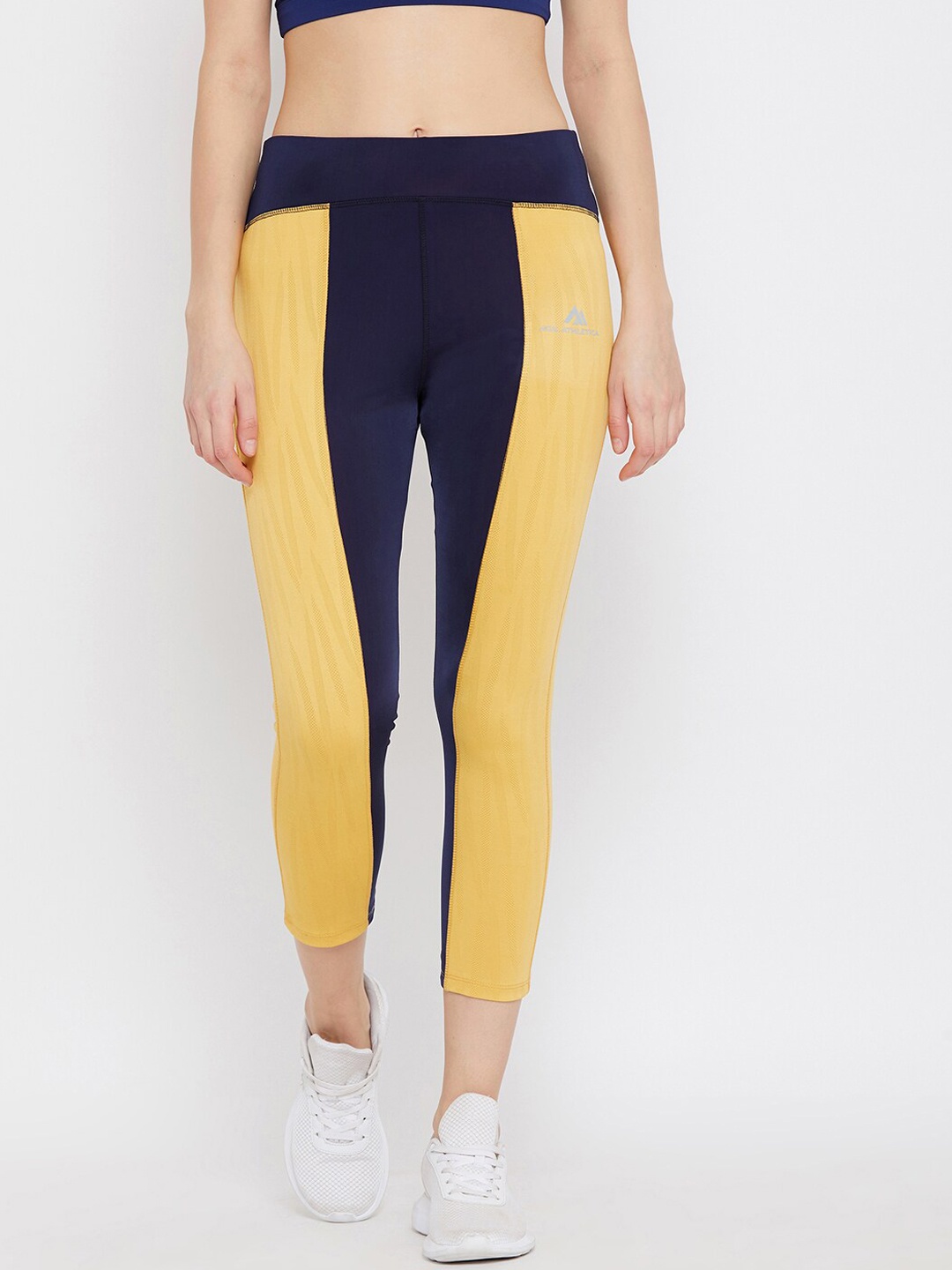 

AGIL ATHLETICA Women Blue & Yellow Colourblocked Rapid-Dry Tights