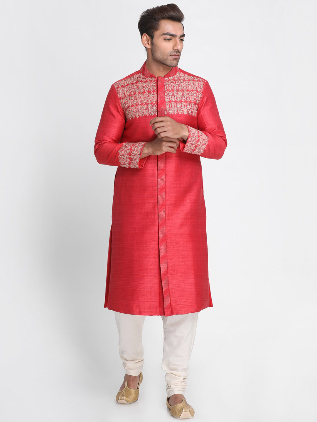 

Nakshi Men Red & White Tussar Silk Sherwani with Churidar