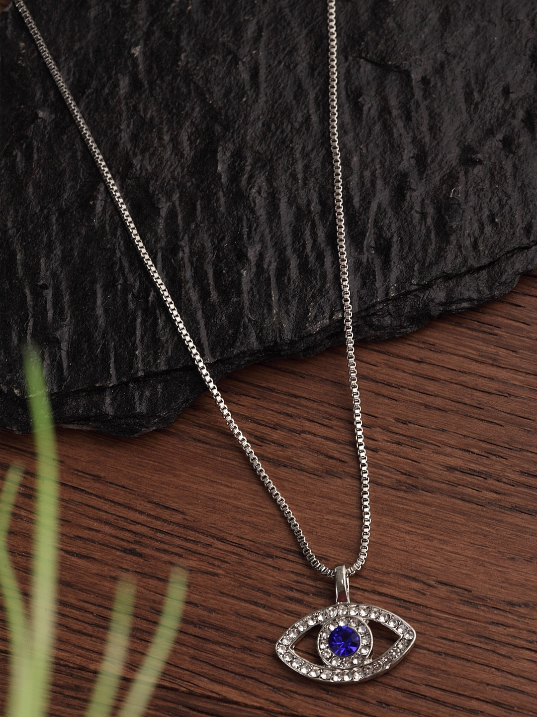 

Ferosh Silver-Toned White & Blue Stone Studded Evil Eye Pendant with Chain