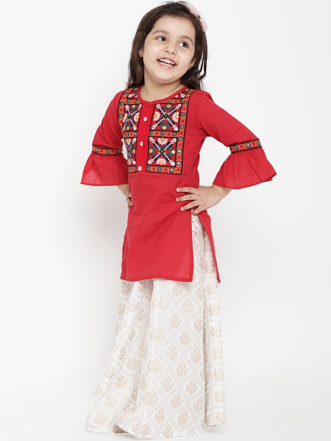 

Bitiya by Bhama Girls Red & White Embellished Tunic with Skirt