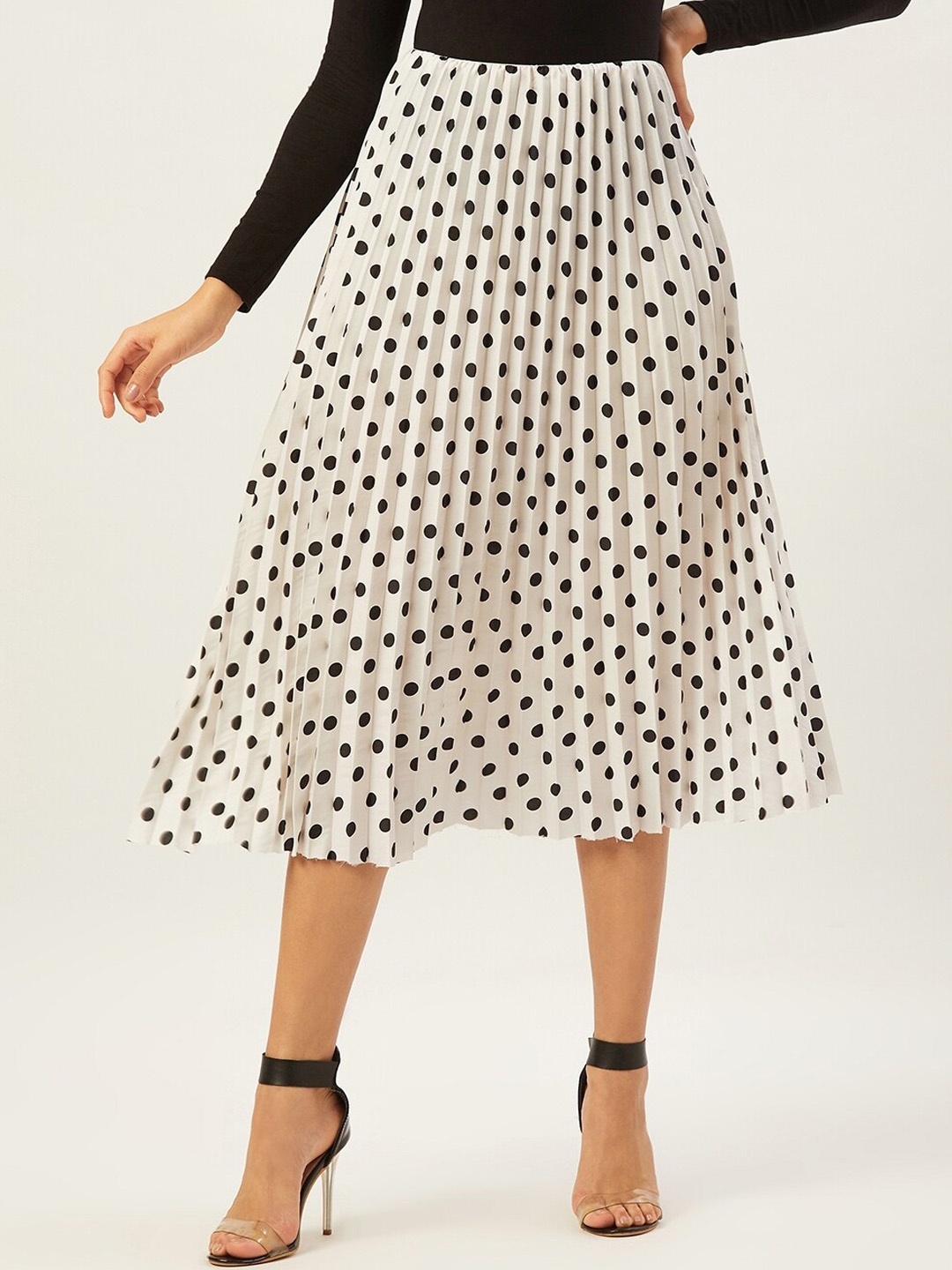 

ANVI Be Yourself Women White Polka Print A-Line Midi Skirt