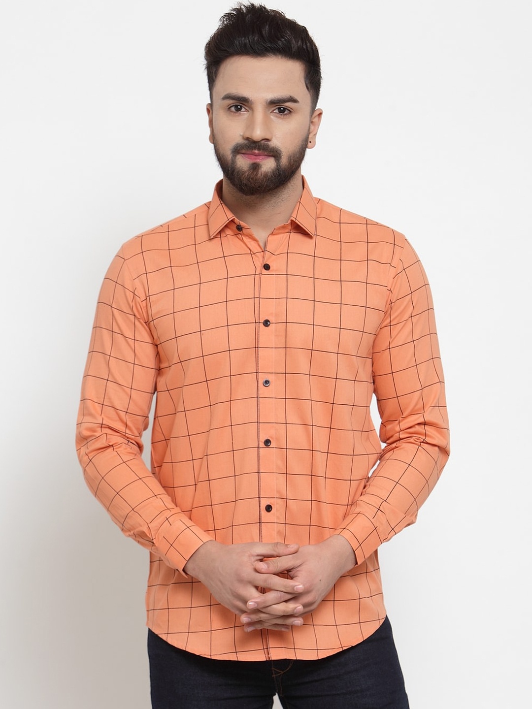 

JAINISH Men Orange & Black Regular Fit Checked Casual Shirt