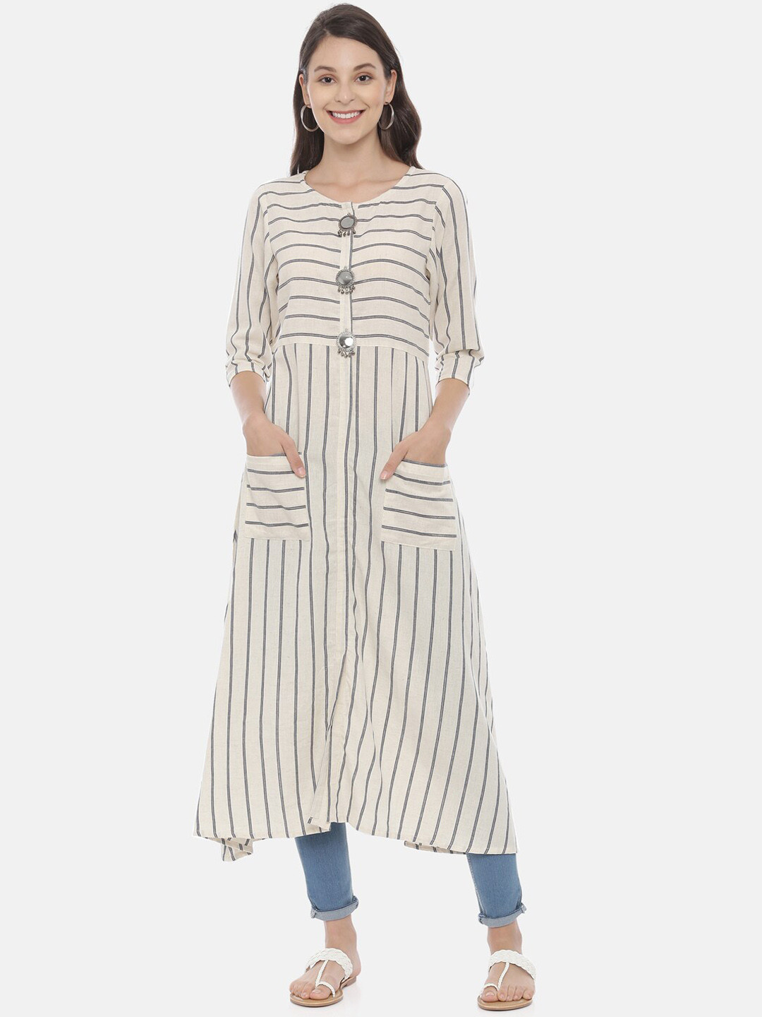 

Neerus Women Off-White Striped A-Line Kurta