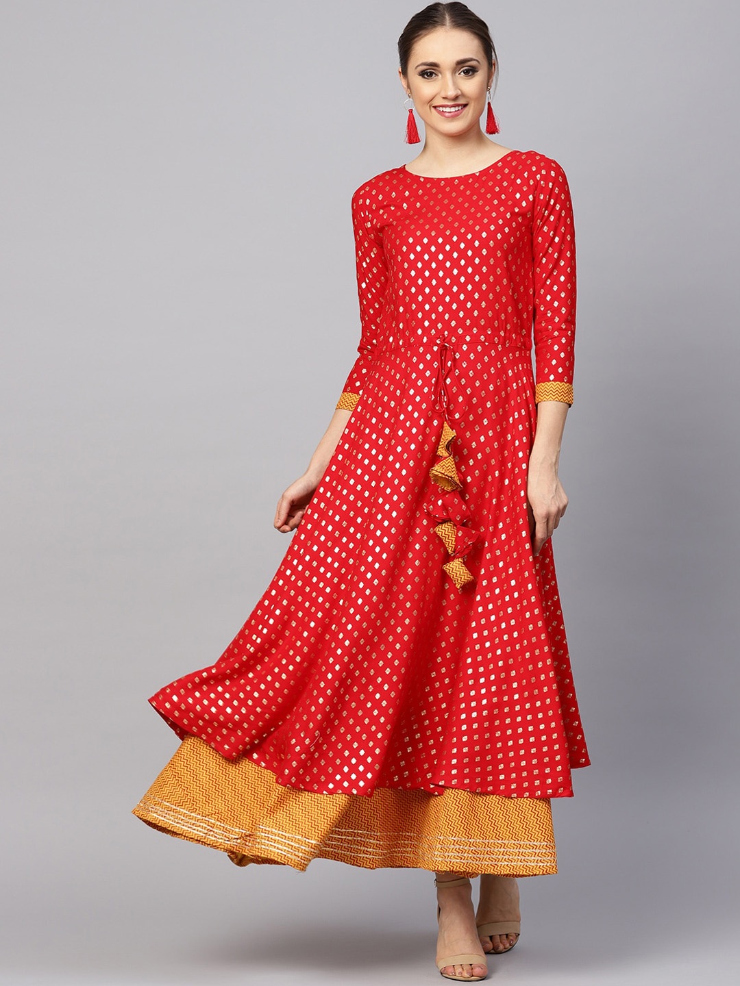 

Ishin Women Red Woven Design Kurta with Skirt