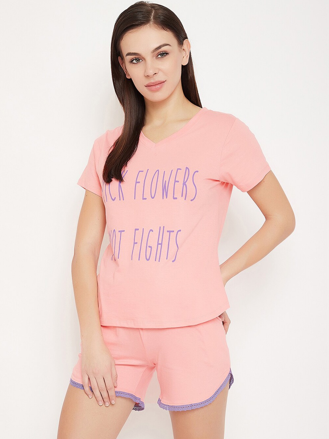 Clovia Women Pink & Purple Printed Night Suit