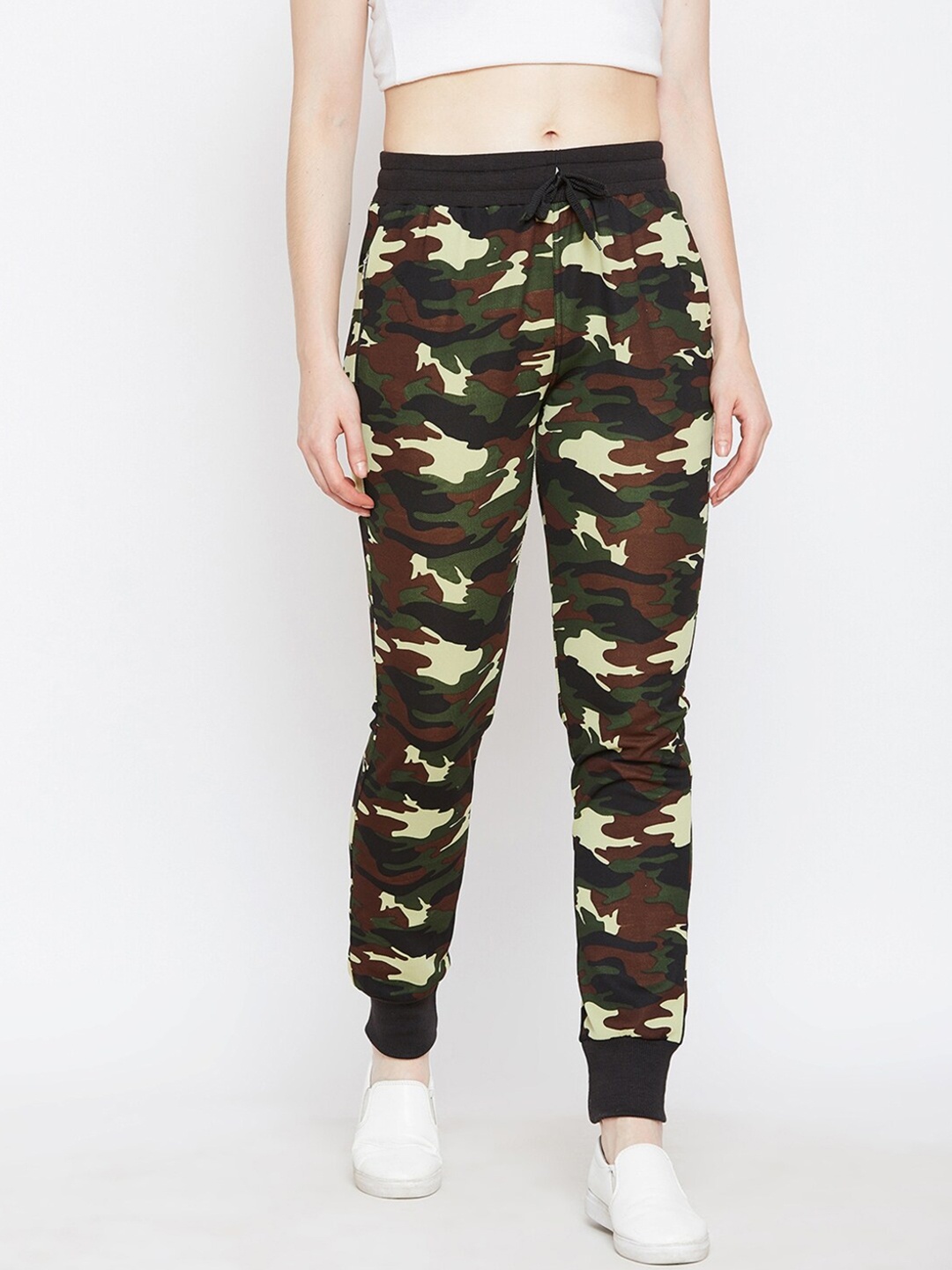 

Crease & Clips Women Green & Black Camouflage Print Joggers
