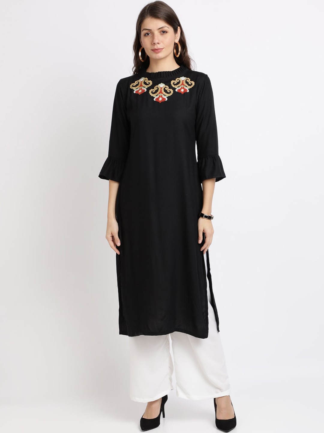

Florence Women Black Floral Embroidered Regular Kurta with Palazzos