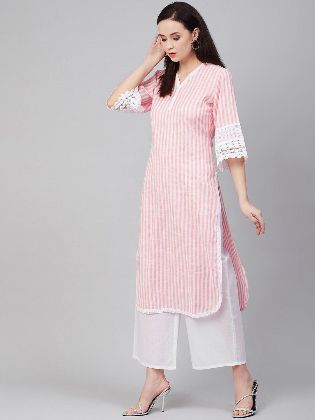

Bhama Couture Women Pink & White Striped Kurti with Palazzos