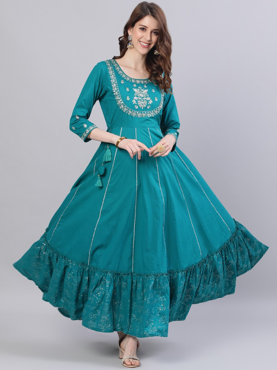 

Ishin Women Teal Embellished Anarkali Cotton Kurta