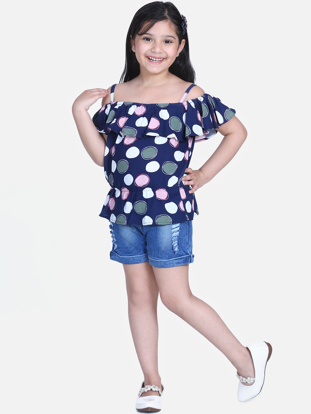 

StyleStone Girls Navy Blue Printed Top with Shorts