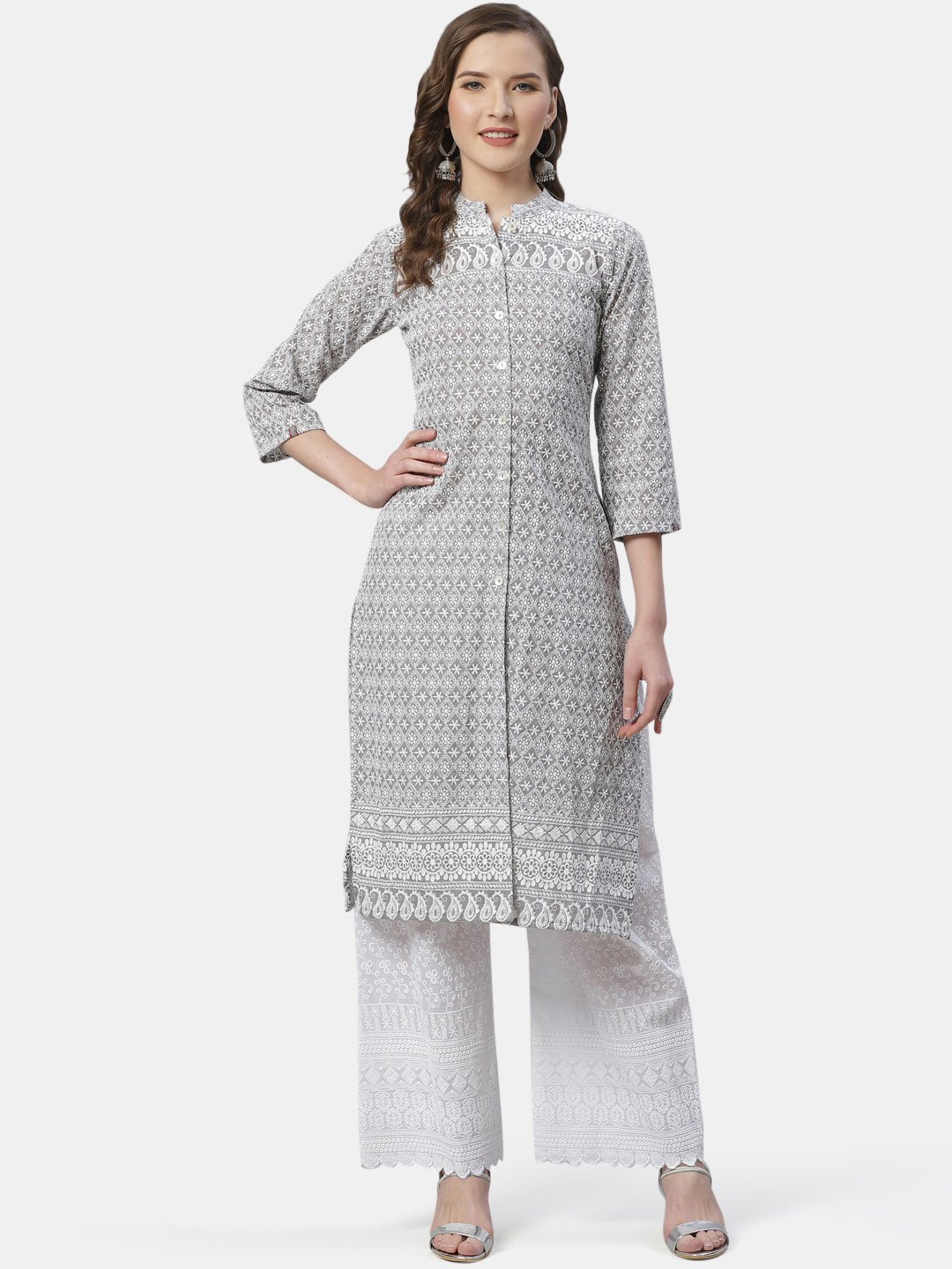 

Jompers Women Grey & White Embroidered A-Line Kurta