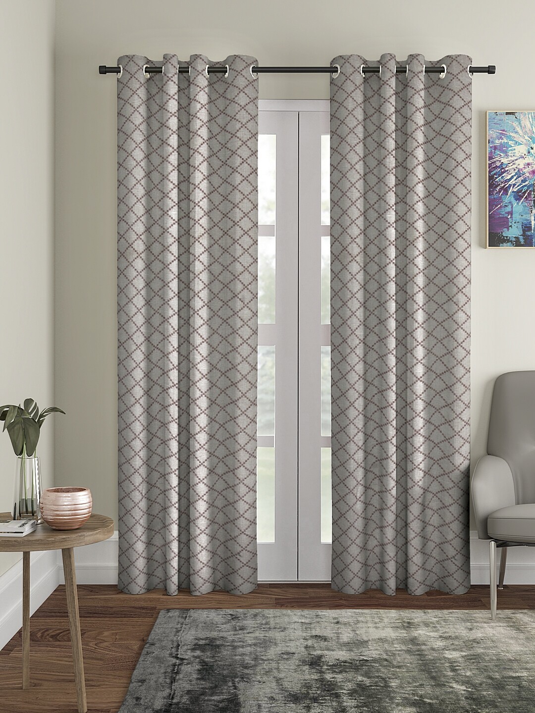 

KLOTTHE Grey & Maroon Set of 2 Jacquard Door Curtains