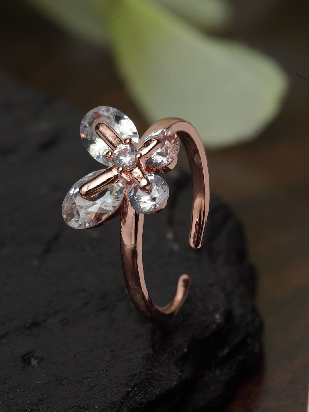 

Ferosh Rose Gold-Plated & White Stone Studded Adjustable Finger Ring