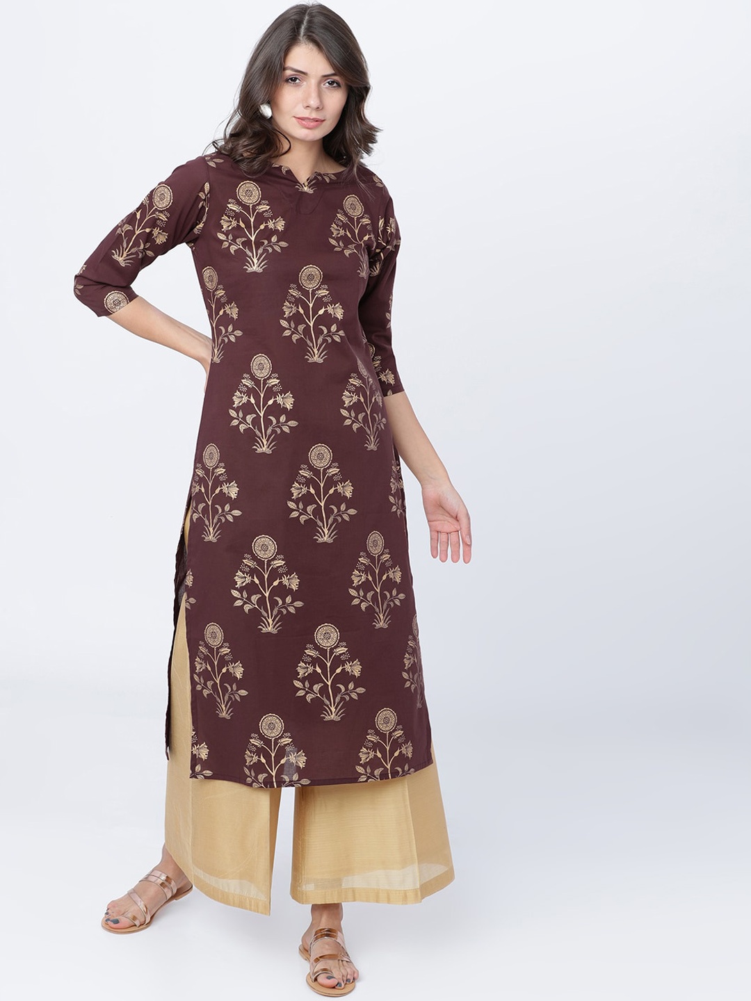 

Vishudh Women Brown & Gold-Toned Printed A-Line Kurta