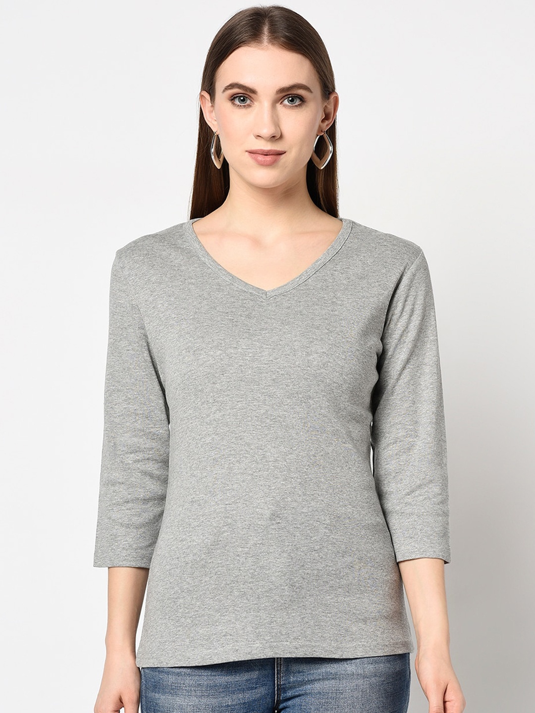

Espresso Women Grey Solid V-Neck Pure Cotton T-shirt