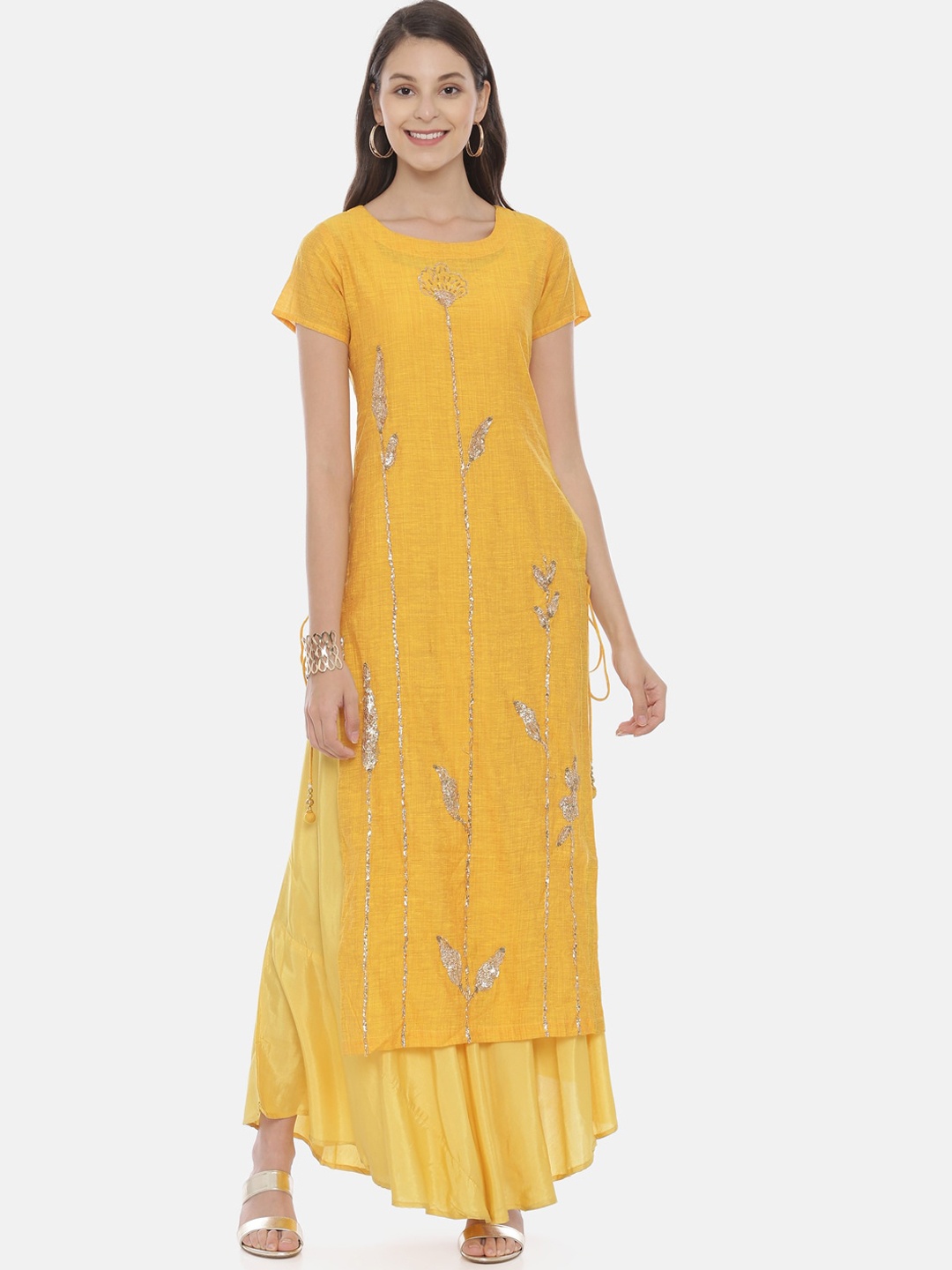 

Neerus Women Mustard Yellow Embroidered Layered Kurta