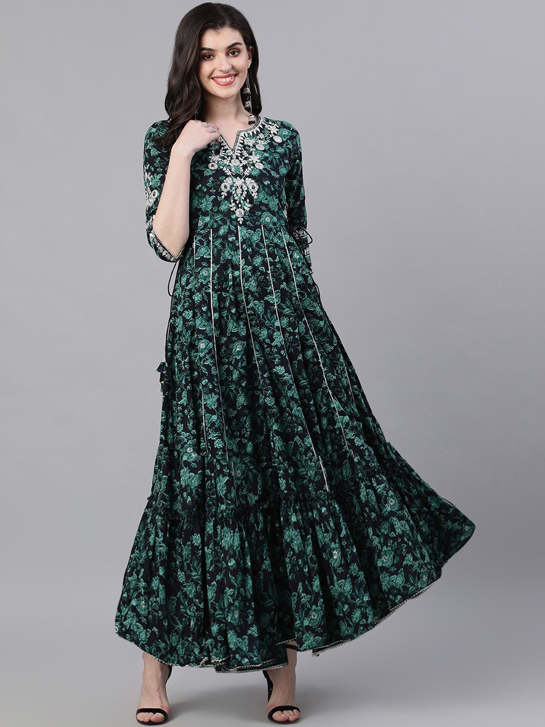 

Ishin Women Navy Blue Floral Printed Maxi Dress