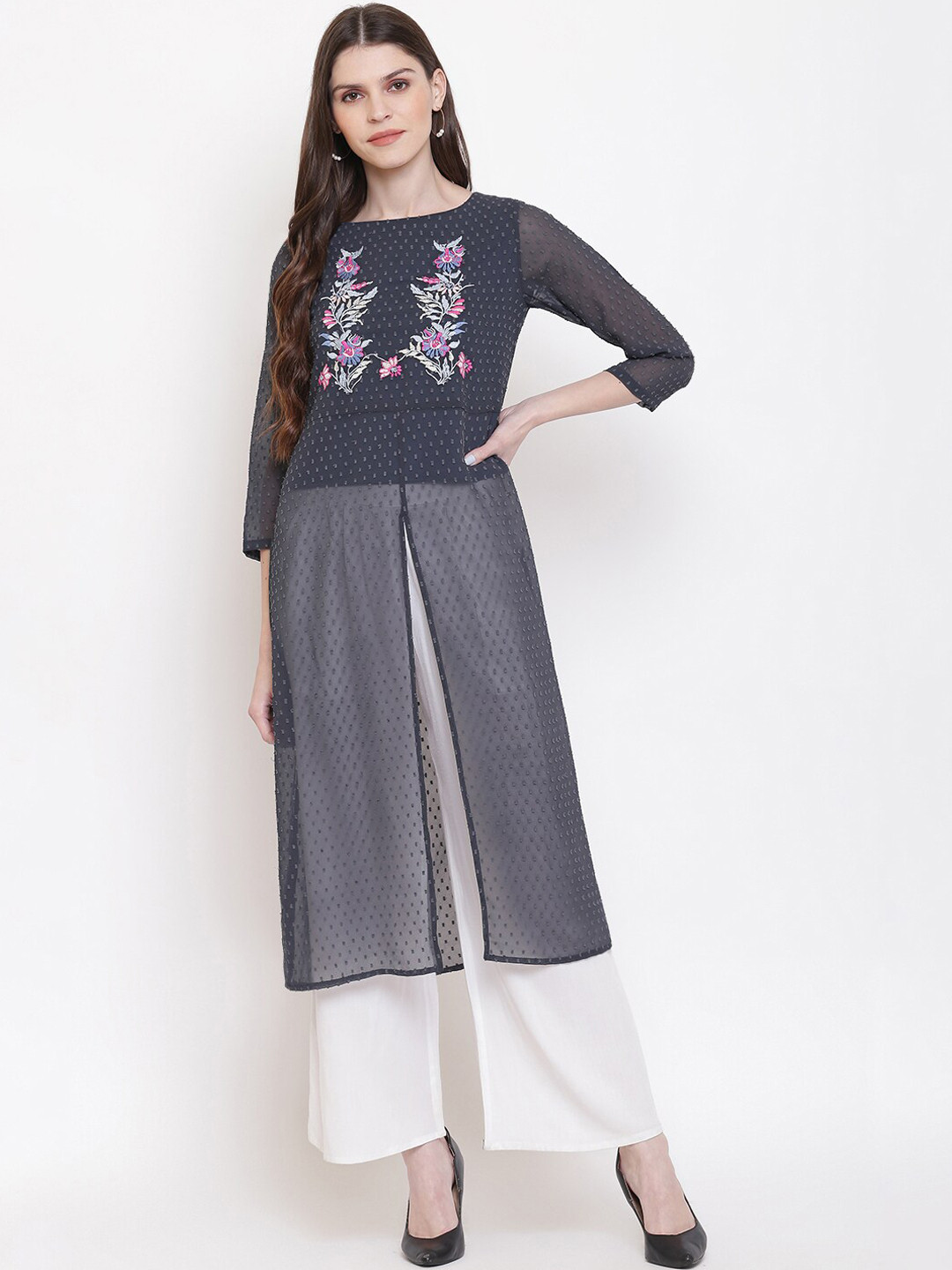 

Napra Women Grey Ethnic Motifs Yoke Design Thread Work Georgette Dobby Georgette Kurta
