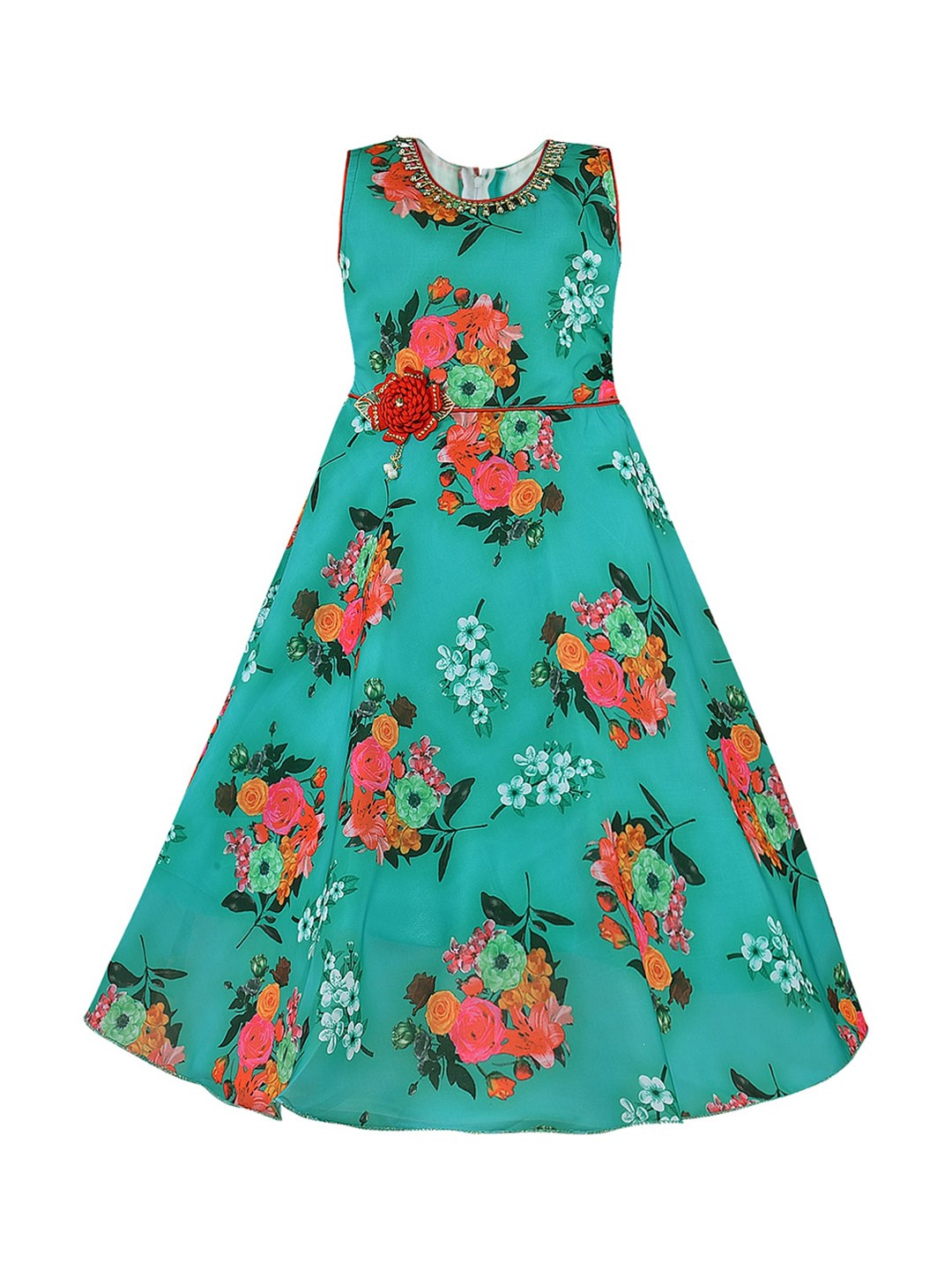 

Wish Karo Girls Green & Pink Floral Printed Maxi Dress