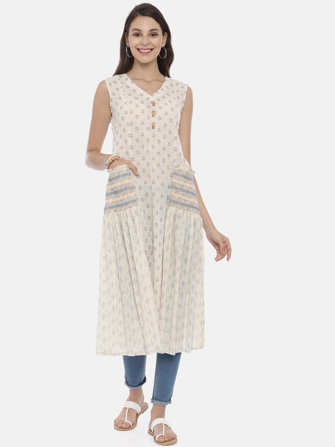 

Neerus Women Cream-Coloured & Grey Printed A-Line Kurta