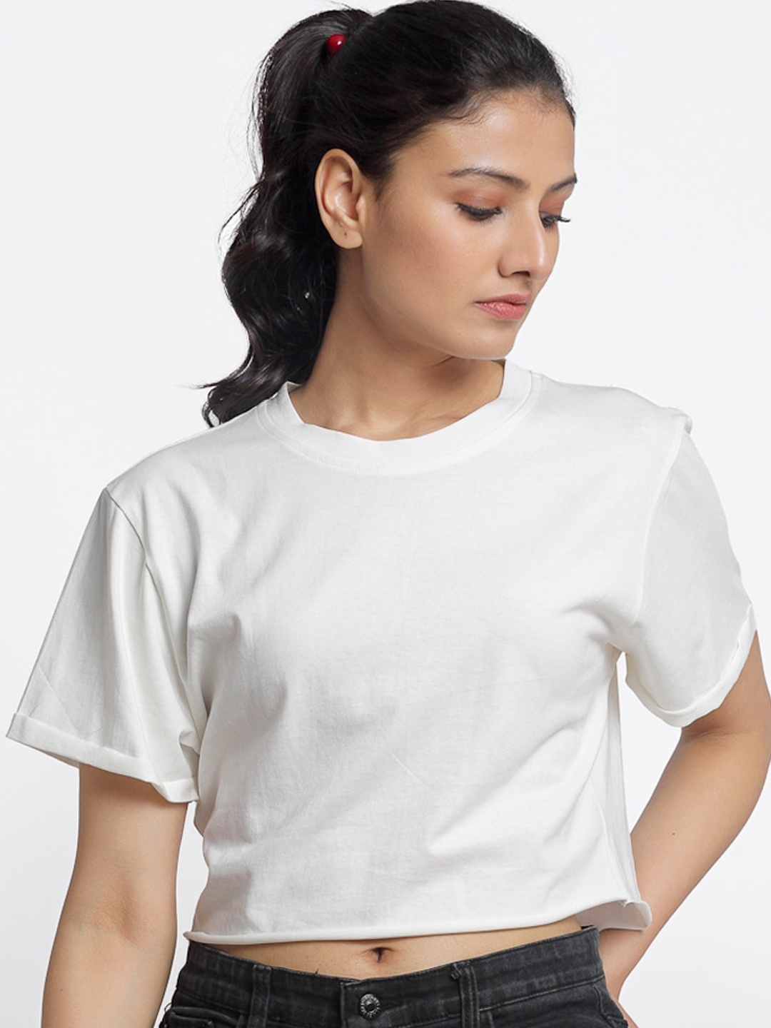 

DOOR74 Women Off-White Solid Round Neck T-shirt