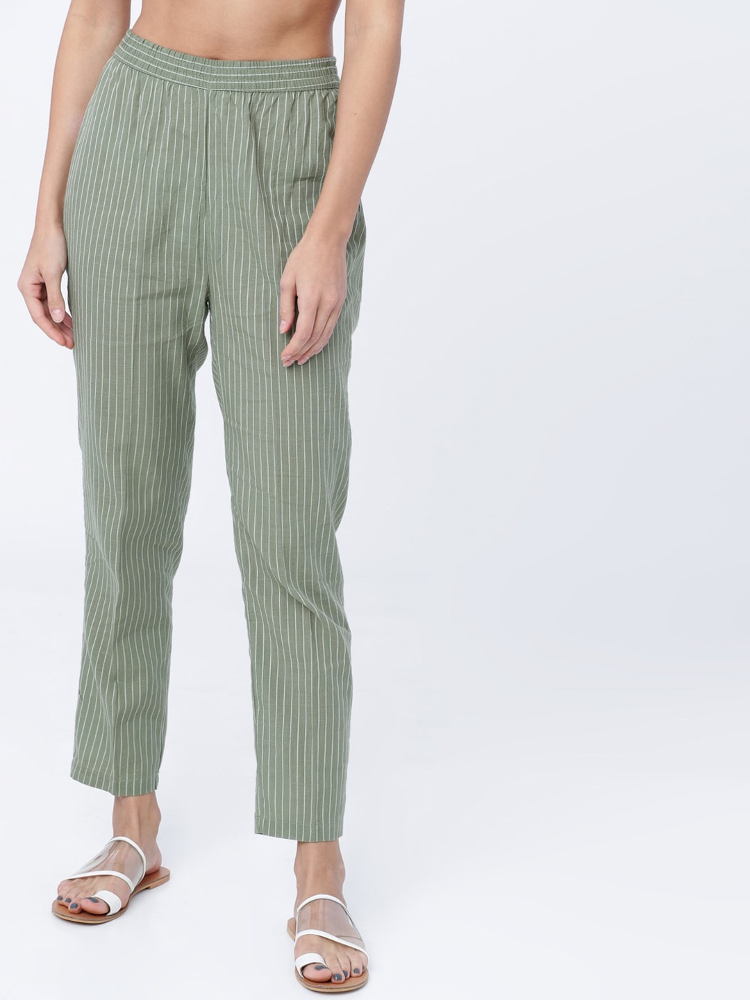 

Vishudh Women Olive Green & White Striped Lounge Pants