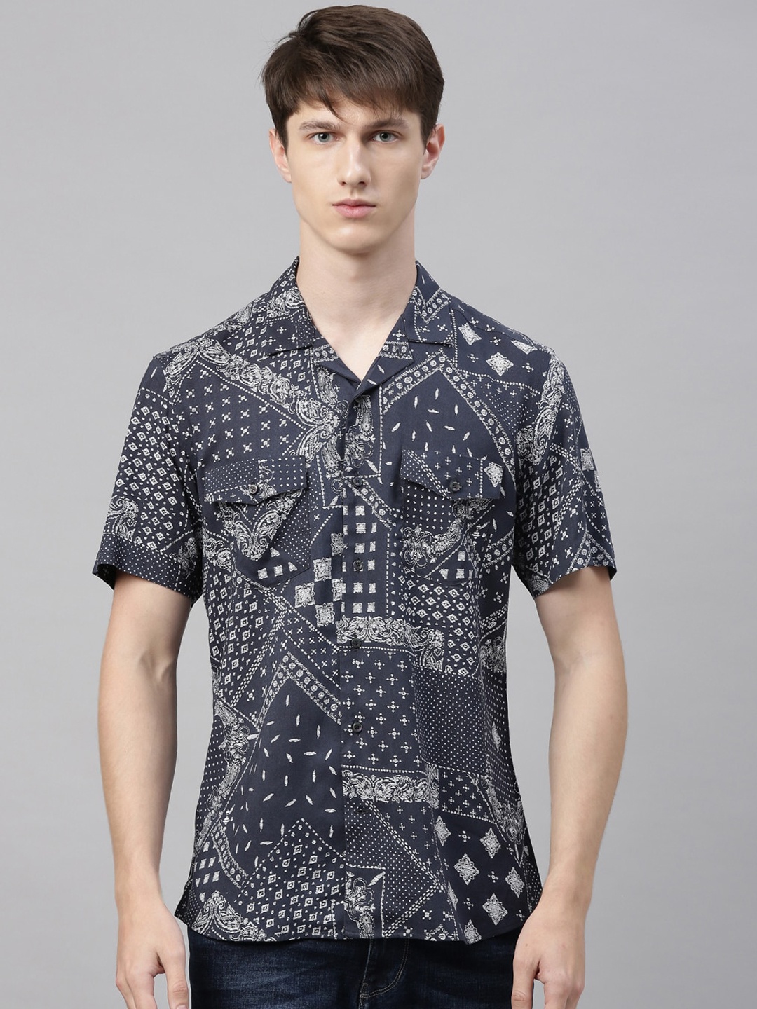 

RARE RABBIT Men Romal Regular Fit Printed Shirt, Navy blue