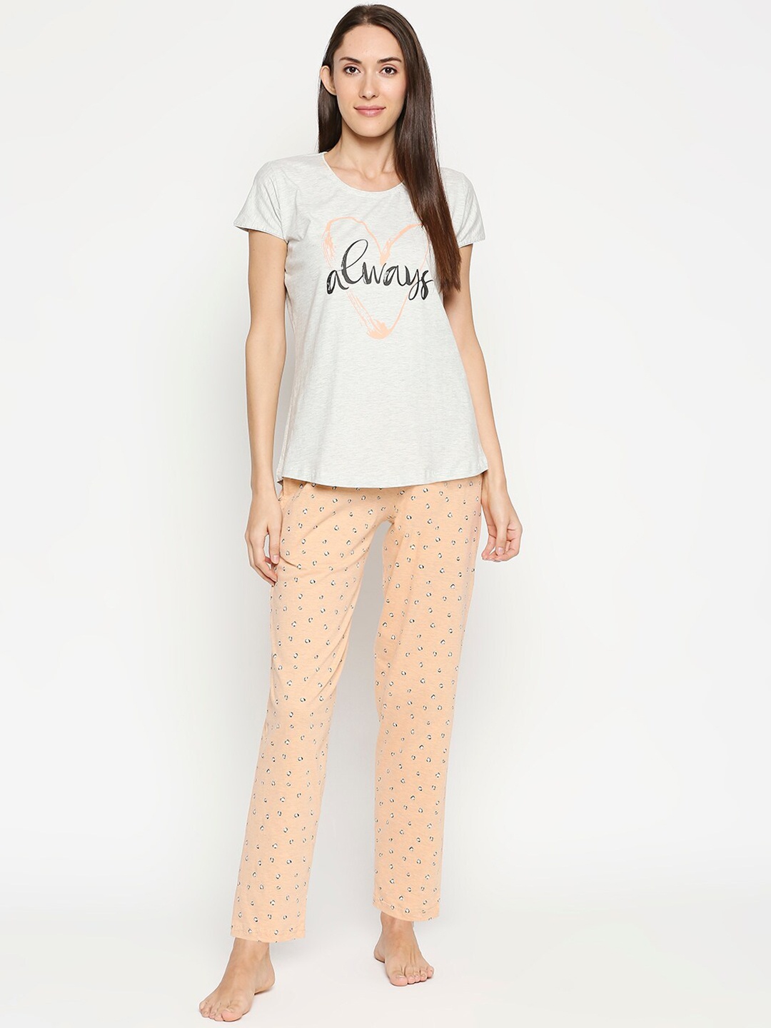 

AV2 Women Peach-Colored & Grey Melange Printed Night Suit