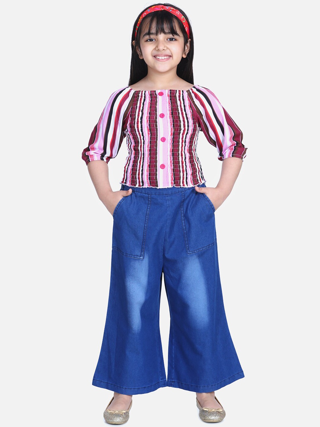 

StyleStone Girls Purple & Blue Striped Cotton Smocked Top with Denim Culottes