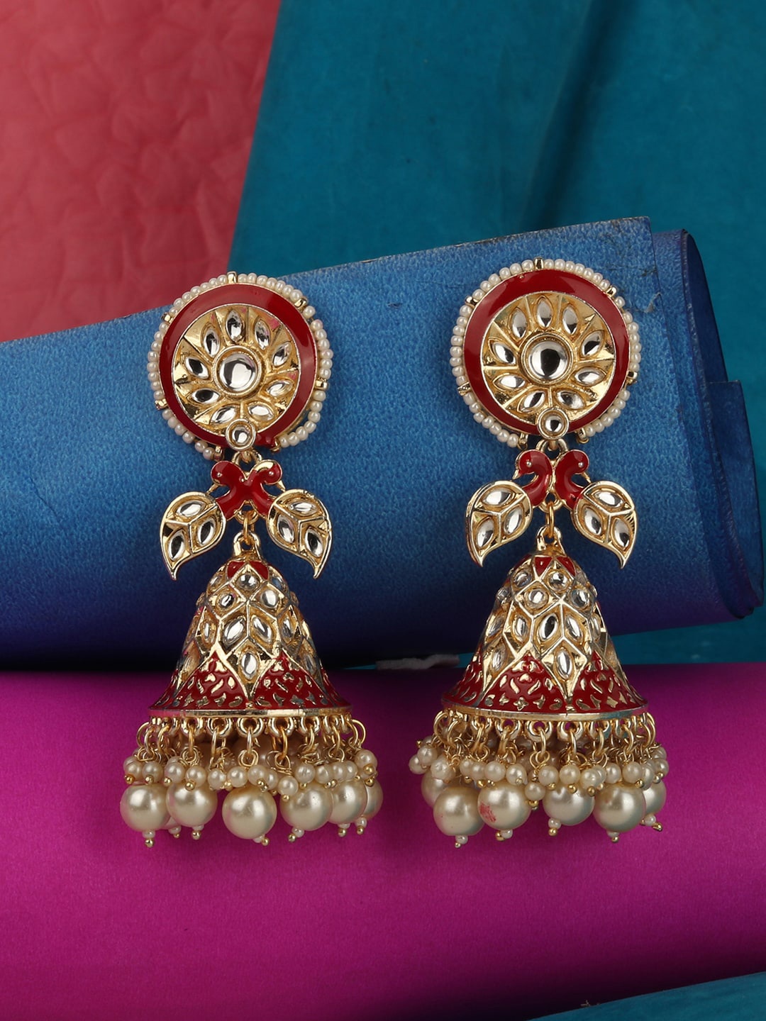 

ANIKAS CREATION Maroon & Gold-Toned Contemporary Jhumkas