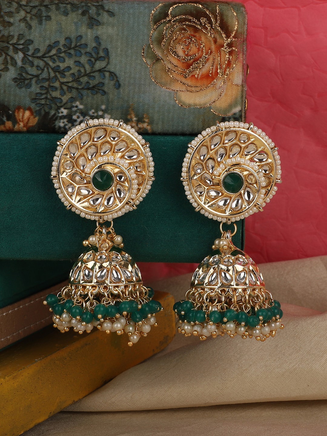 

ANIKAS CREATION Gold-Plated & Green Kundan Dome Shaped Jhumkas