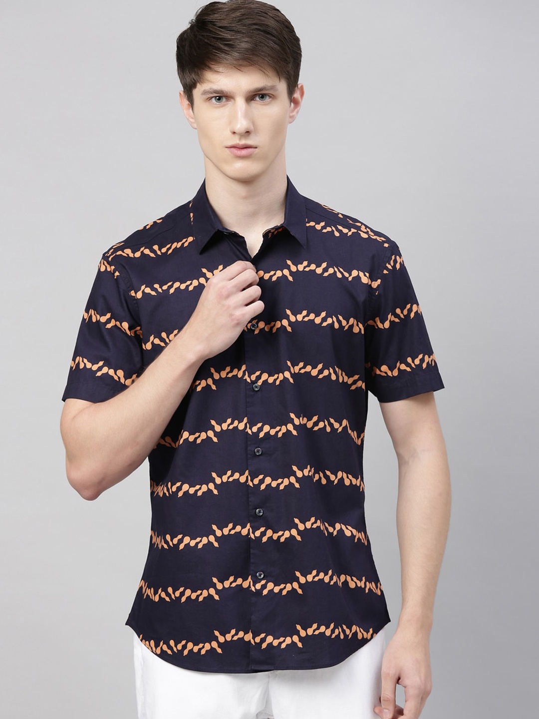 

RARE RABBIT Men Navy Blue & Orange Printed Casual Shirt