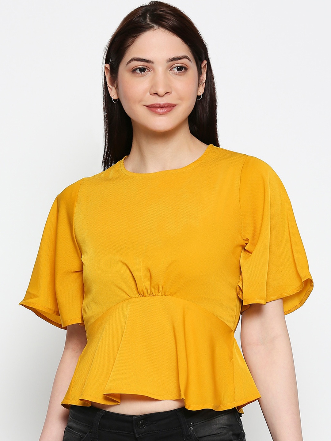 

People Women Mustard Yellow Solid Crop Peplum Top