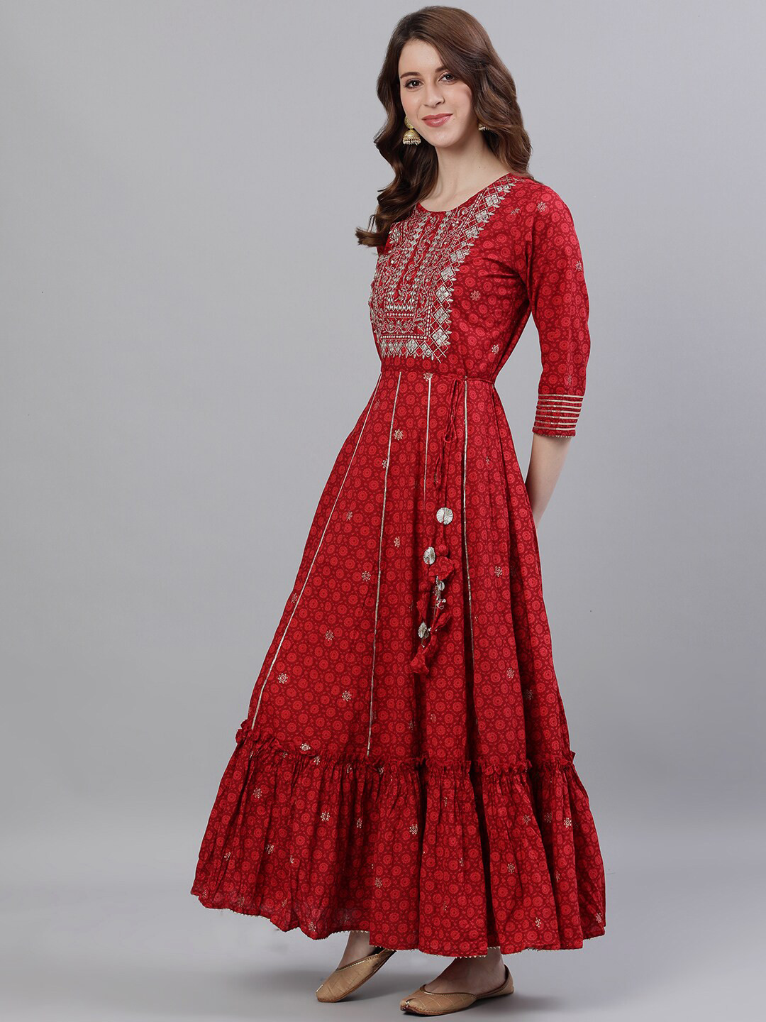 

Ishin Women Red Ethnic Motifs Embroidered Tiered Anarkali Kurta
