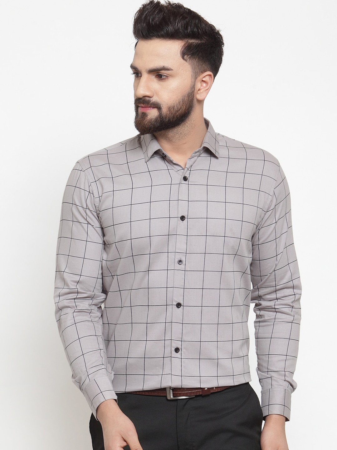

JAINISH Men Grey & Black Regular Fit Checked Formal Shirt
