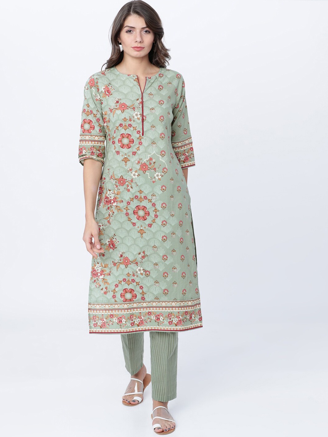 

Vishudh Women Olive Green & Pink Printed Straight Kurta