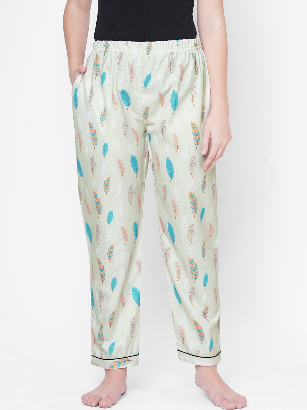 

FashionRack Women Cream-Coloured & Turquoise Bue Feather Printed Lounge Pants
